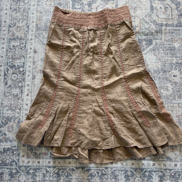Vintage 90s Y2K Linen Embroidered Boho Midi Peasant Skirt Brown Western - Picture 1 of 13